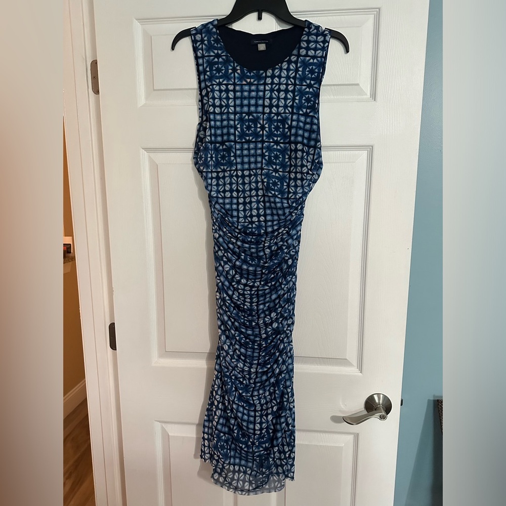 Tommy Hilfiger Blue White Geometric Mesh Ruched Sheath Dress Womens 12